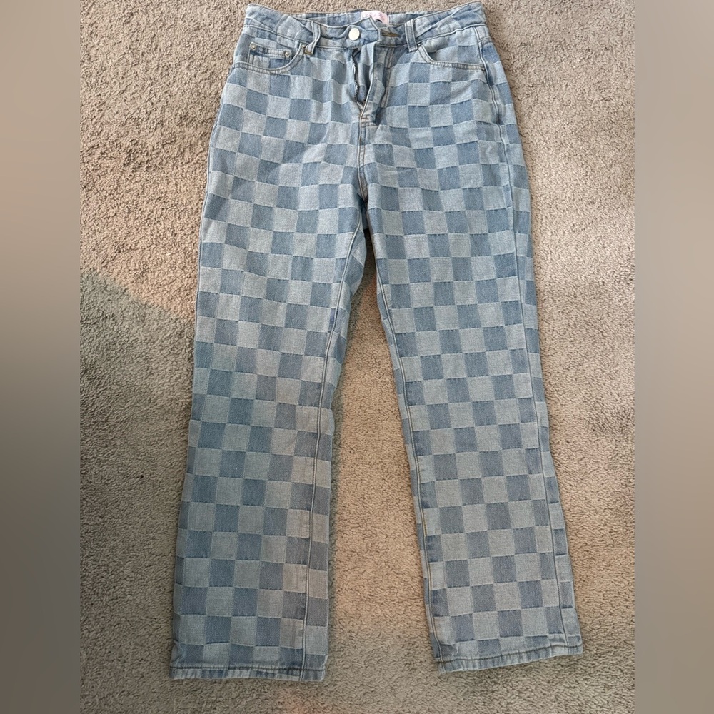 Pink Lily Light Blue Checkered Jeans